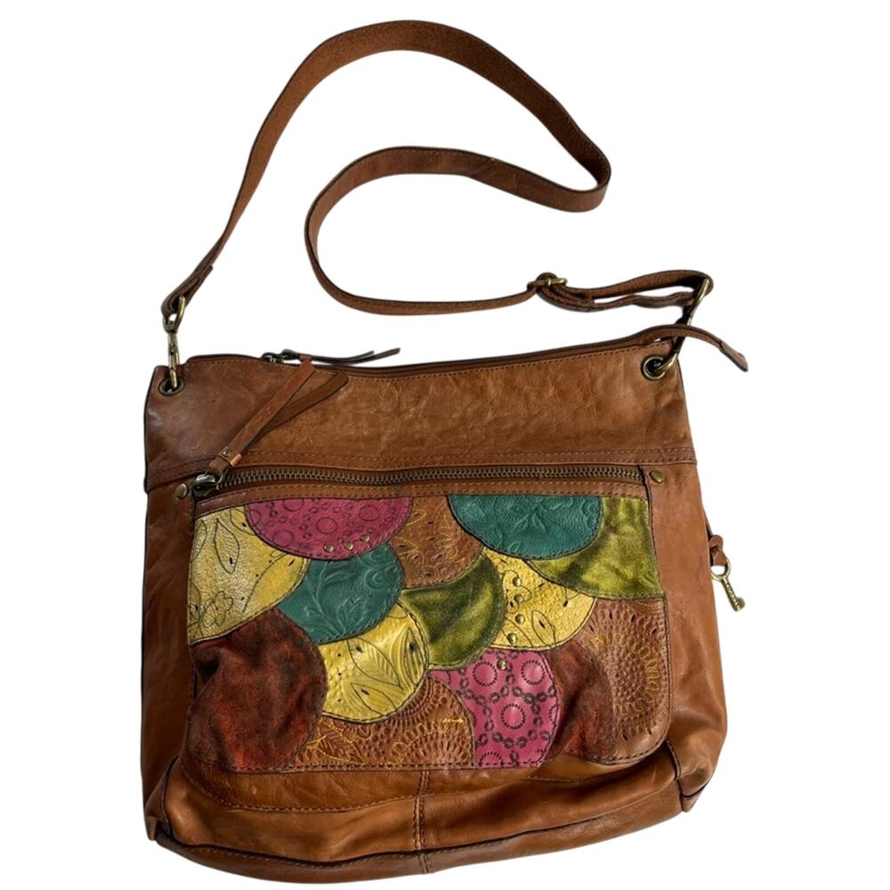 Fossil Key Crossbody Bag Multicolor Patchwork Leather Suede Pocket Key Charm